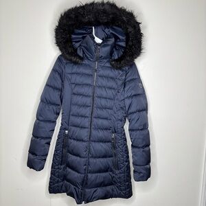 Tahari Midnight Blue Puffer Jacket Faux Fur Full Zip Front Pocket XS Outerwear